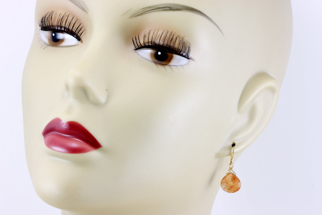 Cherry Quartz Earrings Heart Briolette Natural Peachy Pink Dangles 14k Solid Gold or Filled or Sterling Silver Faceted Simple Light Drops