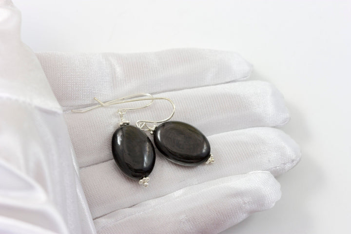 Black Hypersthene Earrings  Large Oval Shimmery Dangle Sterling Silver or 14k Solid Gold or Filled Simple Everyday Drops Unusual Natural