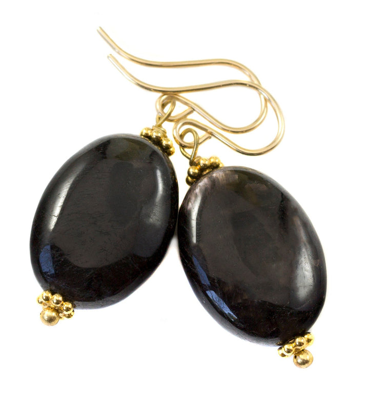 Black Hypersthene Earrings  Large Oval Shimmery Dangle Sterling Silver or 14k Solid Gold or Filled Simple Everyday Drops Unusual Natural