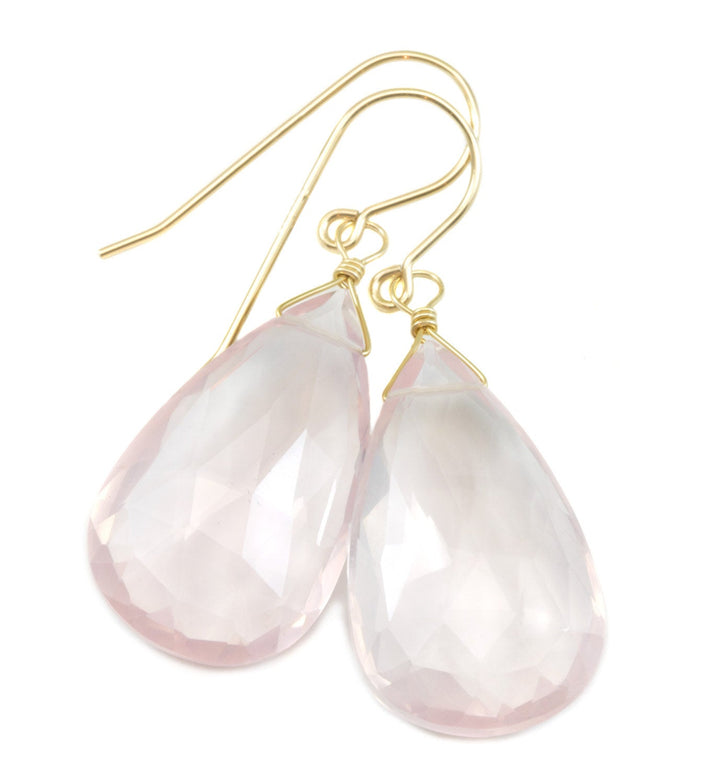 Rose Quartz Earrings X Large Soft Pink Briolette Long Teardrop Dangle Sterling Silver or 14k Solid Yellow Gold or Filled Natural Classic