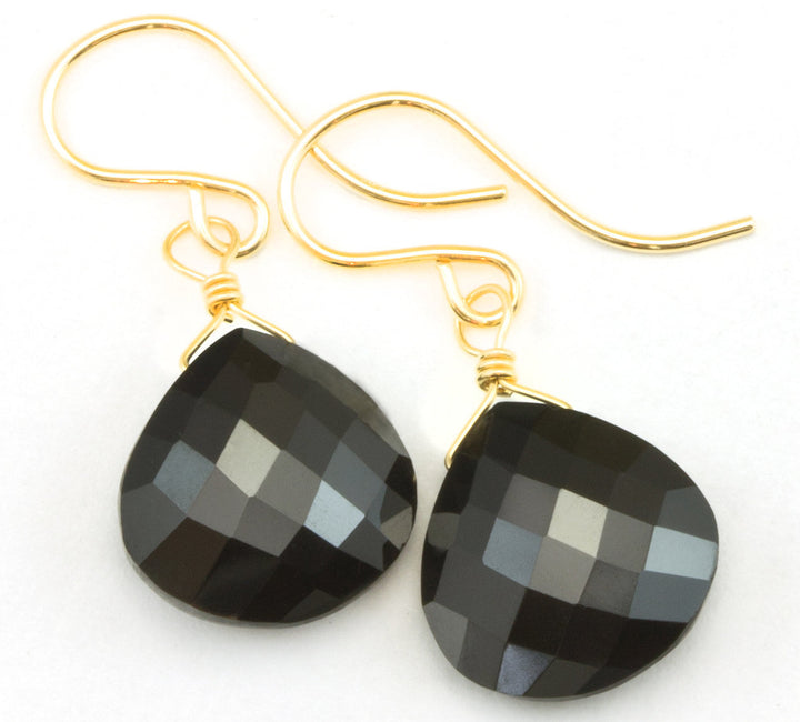 Spinel Earrings Black Teardrop Heart Faceted AAA Briolette Drops 14k Solid Gold or Filled or Sterling Silver Simple Lightweight Classic Drop