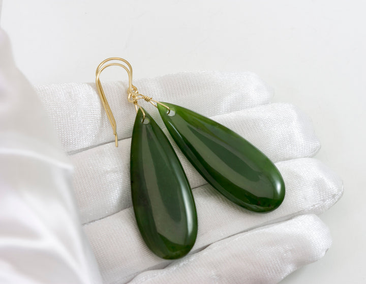Green Jade Earrings Natural Nephrite Smooth Super Large Teardrop 14k solid gold or filled or Sterling Silver Simple Classic Drops Long Real