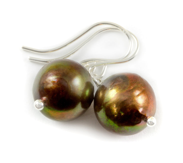 Chocolate Pearl Earrings Freshwater Cultured Pearls Round Drops 14k solid yellow gold or filled or Sterling silver Dangles Simple Pearl