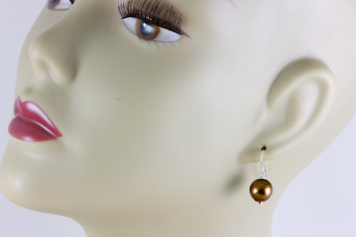 Chocolate Pearl Earrings Freshwater Cultured Pearls Round Drops 14k solid yellow gold or filled or Sterling silver Dangles Simple Pearl