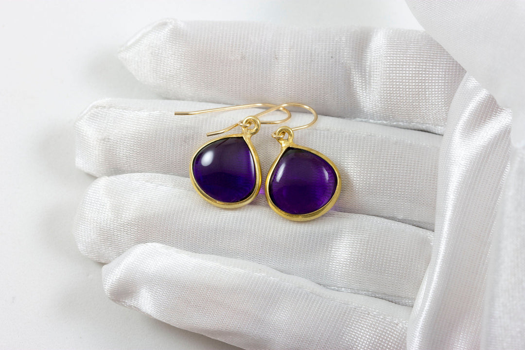 Simulated Purple Amethyst Earrings Smooth Large Heart Smooth Cut 14k Solid Gold or Filled Teardrop Deep Rich Purple Everyday Puffed Drops