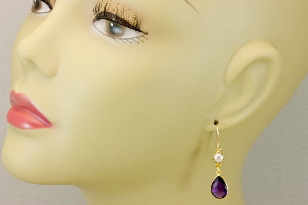 Purple Amethyst Earrings Bezeled Set Double Hung Natural White Freshwater Pearl Smooth Cut 14k Yellow Gold or Filled Long Classic simple
