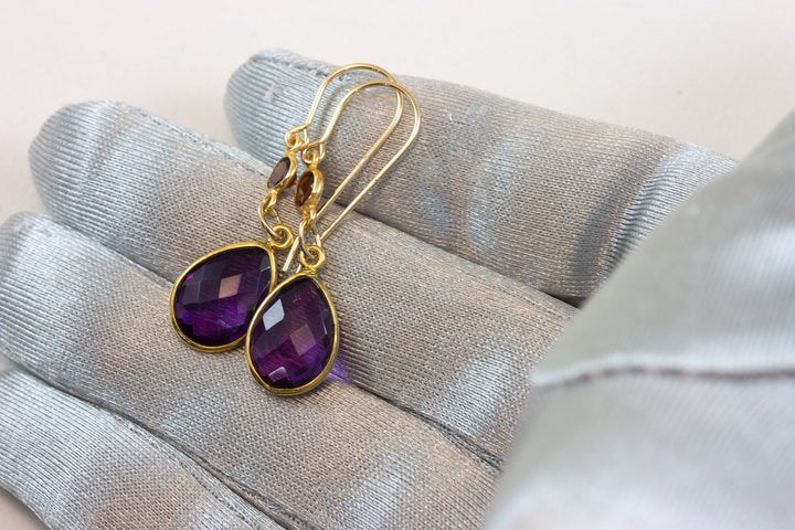 Purple Amethyst Earrings Bezel Set Double Hung Dainty Red Garnet 14k Yellow Solid Gold or Filled Long Classic simple Teardrops