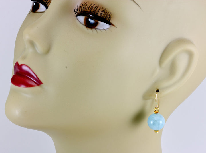 Aquamarine Earrings Natural Blue Round Simple Dangle Drops Sterling Silver or 14k Solid Gold or Filled Soft Aqua Blue Simple Daily Drops