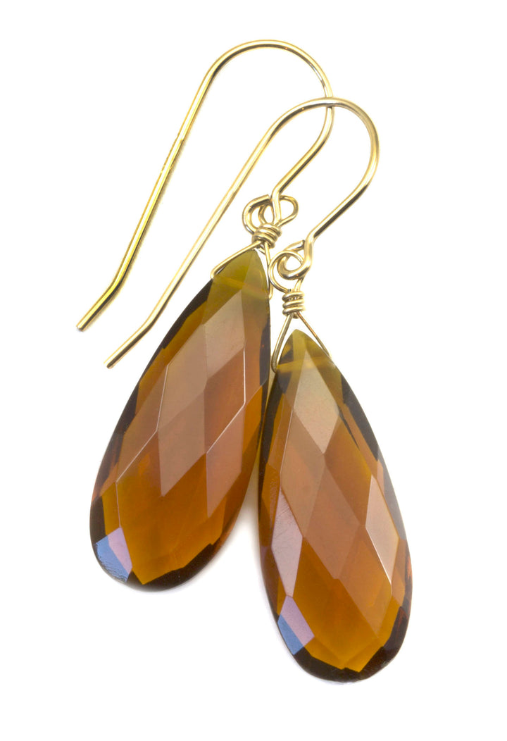 Madeira Citrine Earrings Large Simulated Faceted Briolette Long Teardrops Drop 14k gold filled or Sterling Silver Rich Dark Yellow Amber