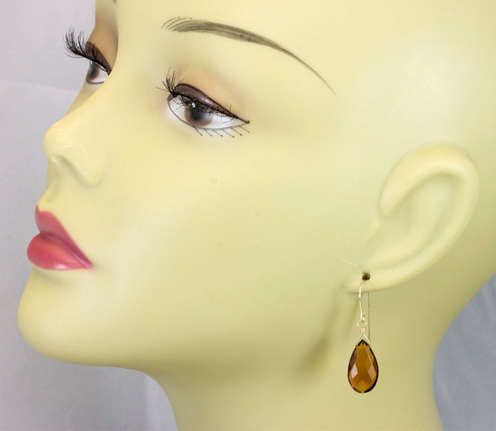 Madeira Citrine Earrings Large Simulated Faceted Briolette Pear Teardrops 14k solid gold or filled or Sterling Silver Rich Dark Yellow Amber