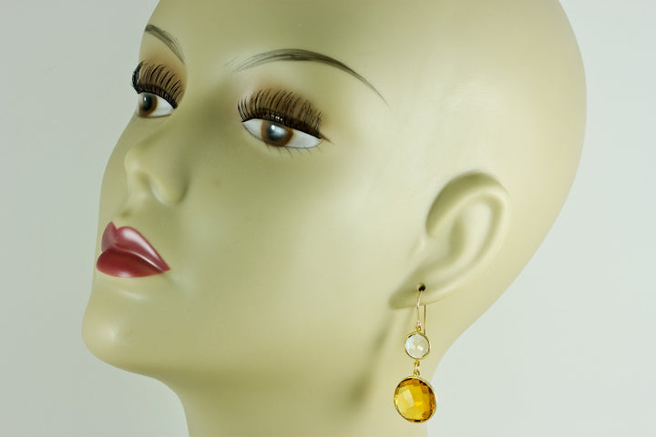 Yellow Citrine Quartz Earrings Simulate faceted Round Double Drop Clear Quartz 14k solid gold or filled Bezel Set Spyglass Designs Simple