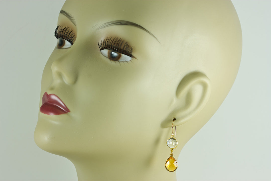 Yellow Citrine Quartz Earrings Simulate faceted Teardrop Double Drop Clear Quartz 14k solid gold or filled Bezel Set Spyglass Designs Simple