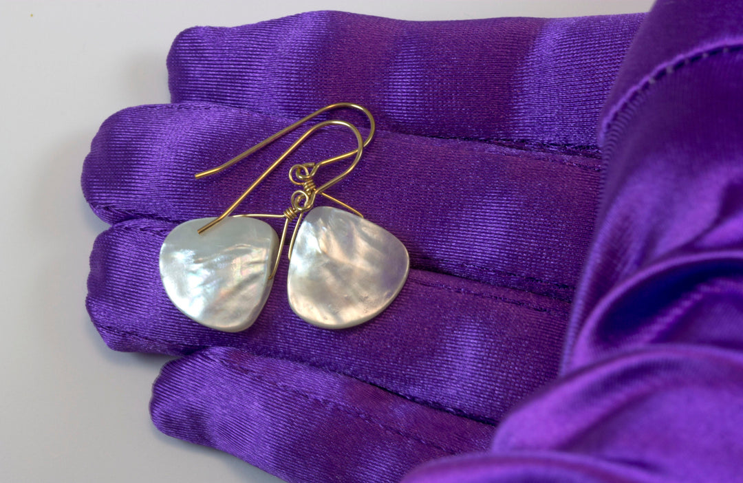 Mother of Pearl Earrings White Shell Heart Shape Teardrop Natural 14k Solid Gold or Filled or Sterling Silver Large Fat High Simple Drop MOP