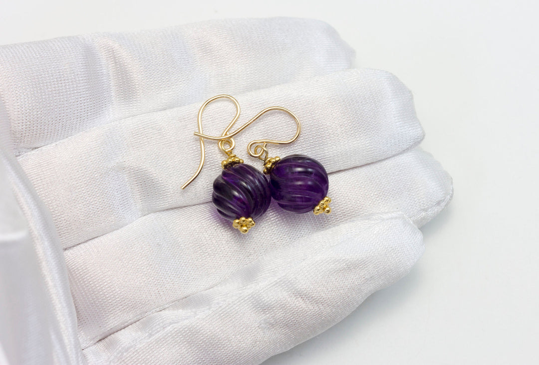 African Purple Amethyst Earrings Fancy Cut Smooth Round 14k Solid Gold or Filled or Sterling Silver Natural Carved Swirl Deep Rich Drops
