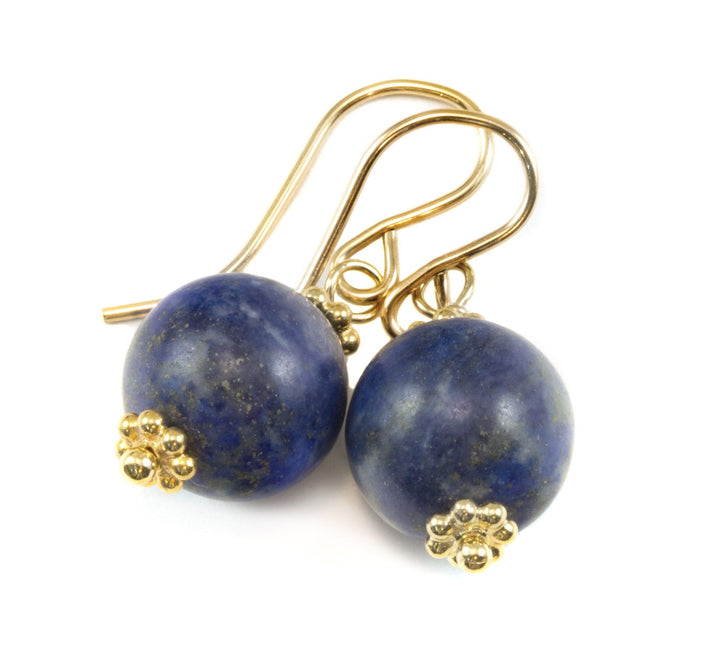 Lapis Lazuli Earrings Natural Dusty Blue Matt Round Dangles Sterling Silver or 14k Solid Gold or Filled Beaded Simple Basic Drops Pyrite