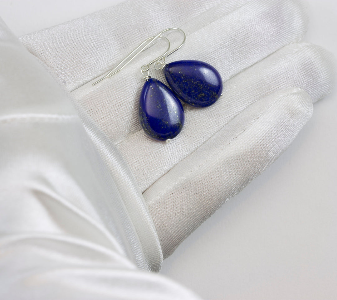 Blue Lapis Lazuli Earrings Natural Simple Smooth Teardrop Dangle Drops Sterling Silver or 14k Solid Gold or Filled Pyrite Spyglass Designs