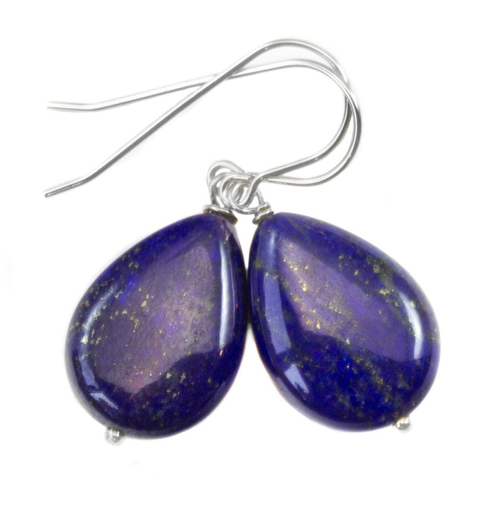 Blue Lapis Lazuli Earrings Natural Simple Smooth Teardrop Dangle Drops Sterling Silver or 14k Solid Gold or Filled Pyrite Spyglass Designs