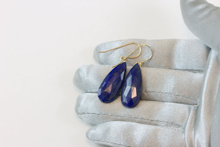 Lapis Lazuli Earrings Natural Faceted Long Teardrop Drops Dangle 14k Solid yellow gold or Filled or Sterling Silver Spyglass Designs Pyrite