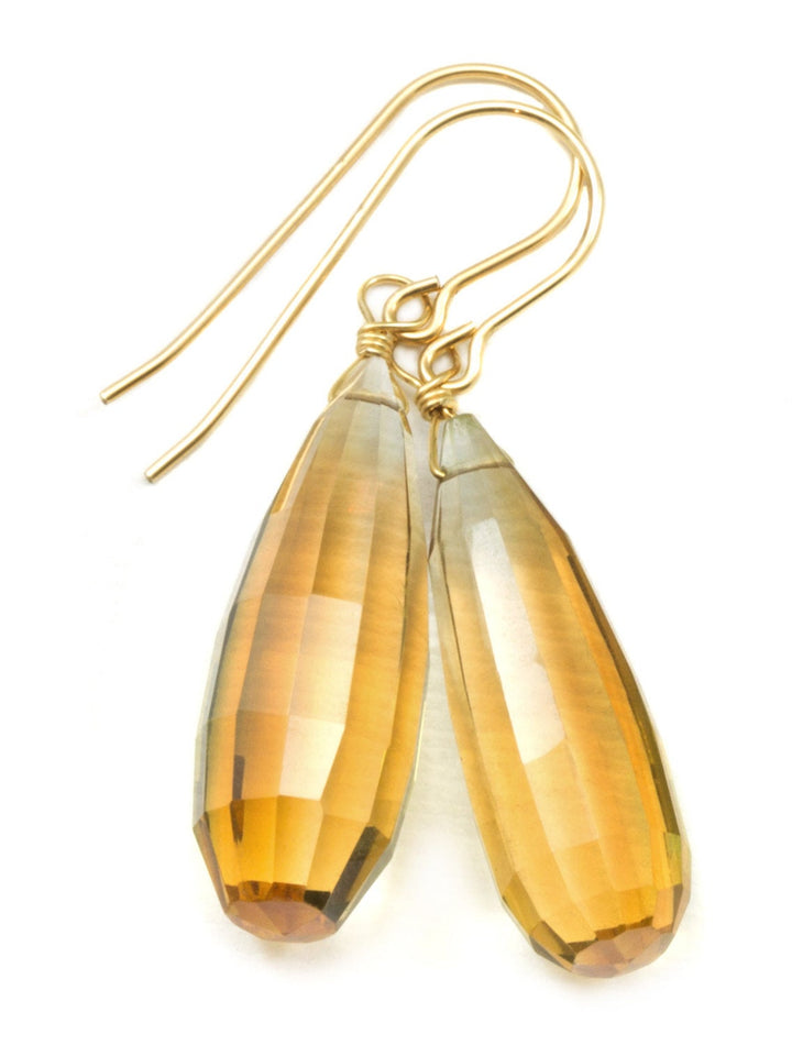 Bicolor Quartz Earrings Faceted Pear Briolette Bi Colored Yellow Amber 14k Solid Gold or Filled or Sterling Silver Long Teardrop Fancy Drops
