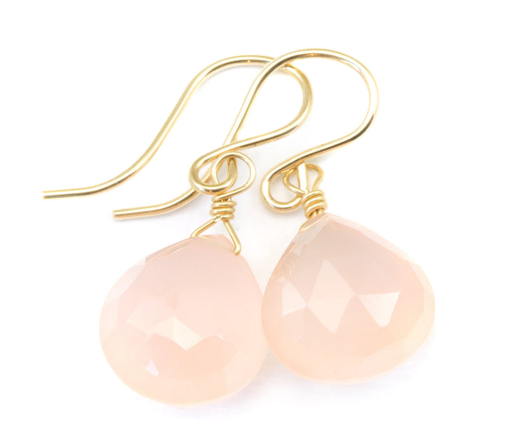 Soft Light Pink Chalcedony Earrings AAA Faceted Heart Briolette Drops 14k Solid Gold or Filled or Sterling Silver Simple Classic Design