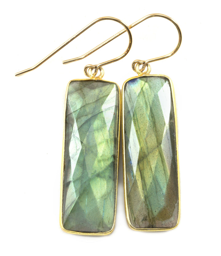 Labradorite Earrings Solid 14k Gold or Filled Long Rectangle Teardrop AAA Bezel Drop Dangle Contemporary Blue Flash Spyglass Designs 2 inch