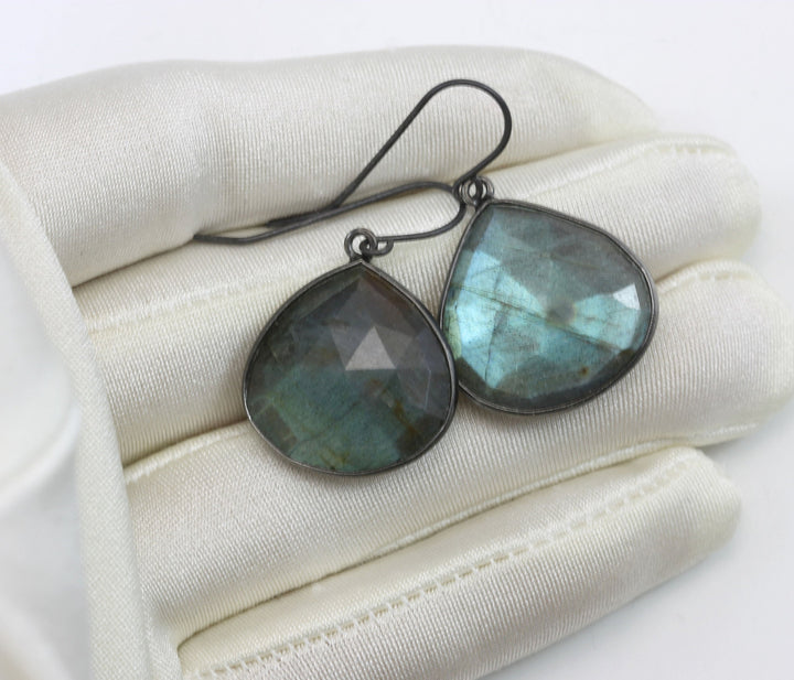 Labradorite Earrings Faceted Fat Large Teardrop Bezel Sterling Silver or 14k Solid Gold or Filled or Black Rhodium Blue Flash Simple  Drops