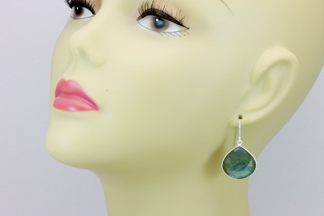 Labradorite Earrings Faceted Fat Large Teardrop Bezel Sterling Silver or 14k Solid Gold or Filled or Black Rhodium Blue Flash Simple  Drops