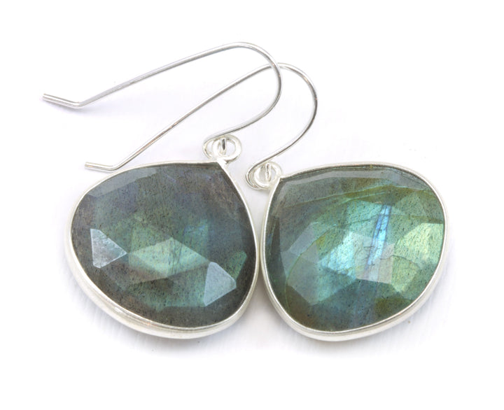 Labradorite Earrings Faceted Fat Large Teardrop Bezel Sterling Silver or 14k Solid Gold or Filled or Black Rhodium Blue Flash Simple  Drops