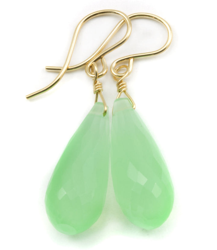 Pale Green Chalcedony Earrings Long AAA Teardrop Faceted  14k Solid Gold or Filled or Sterling Silver Soft Green Briolettes Micro Facets