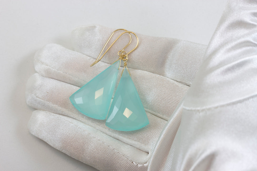 Aqua Blue Chalcedony Earrings 14k Solid Gold or Filled or Sterling Silver Teardrop Triangle Faceted Soft Pale Blue Long Large Drops 2 Inch