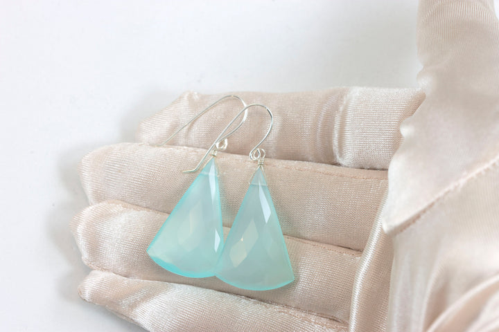 Aqua Blue Chalcedony Earrings 14k Solid Gold or Filled or Sterling Silver Teardrop Triangle Faceted Soft Pale Blue Long Large Drops 2 Inch