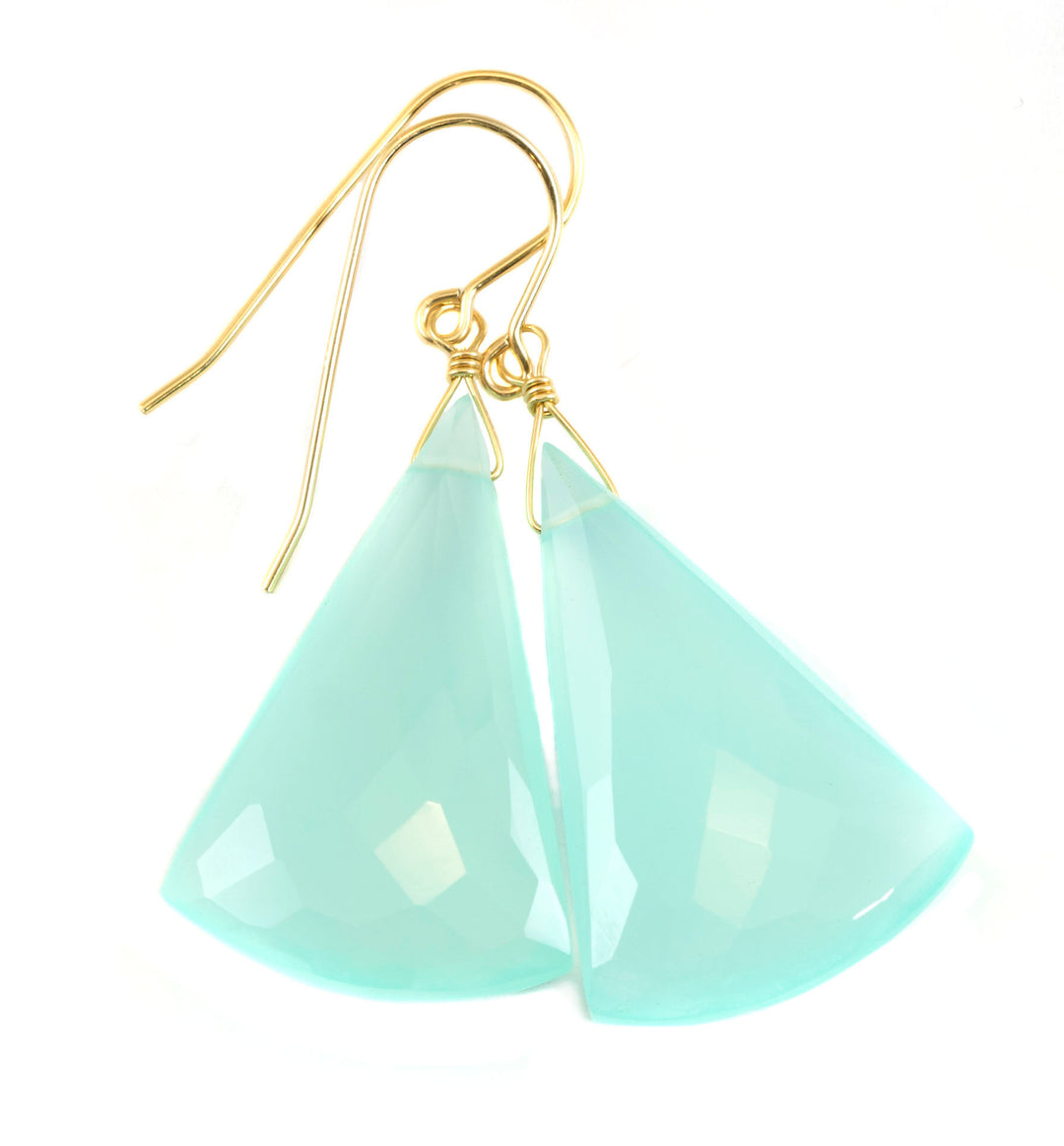 Aqua Blue Chalcedony Earrings 14k Solid Gold or Filled or Sterling Silver Teardrop Triangle Faceted Soft Pale Blue Long Large Drops 2 Inch