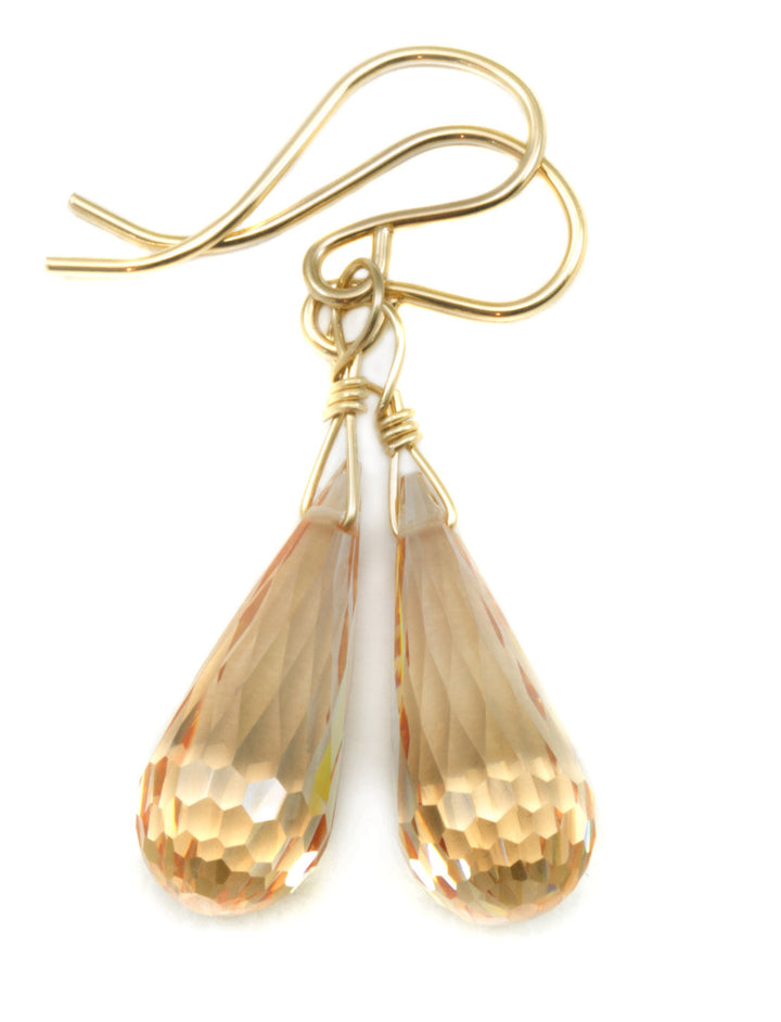 Champagne Cognac Cubic Zirconia Earrings Long Teardrop Micro Facet AAA CZ 14k Yellow Solid Gold or Filled or Sterling Silver Briolette Drops