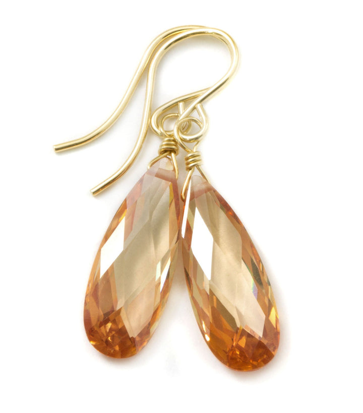 Peach Champagne Cognac Cubic Zirconia Earrings Faceted Long Teardrop CZ 14k Solid Gold or Filled or Sterling Silver Sim Diamond Dainty Drops