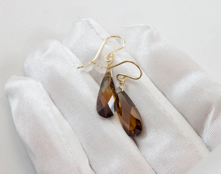 Chocolate Cubic Zirconia Earrings Long Faceted Teardrop AAA CZ Sterling Silver or 14k Solid Gold or Filled  Brown Simulated Diamond Dainty