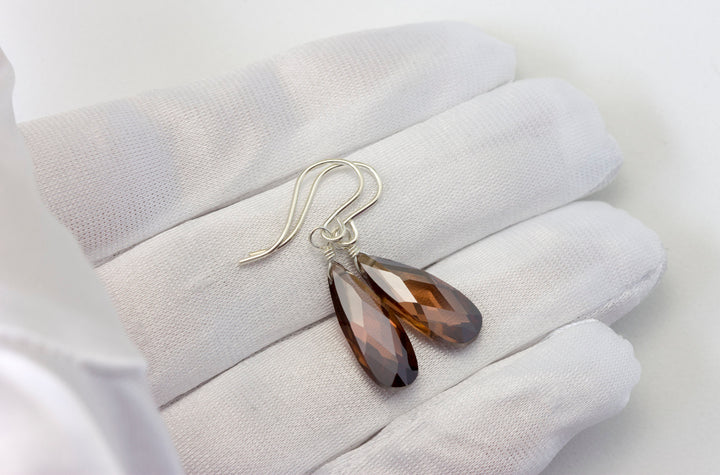 Chocolate Cubic Zirconia Earrings Long Faceted Teardrop AAA CZ Sterling Silver or 14k Solid Gold or Filled  Brown Simulated Diamond Dainty