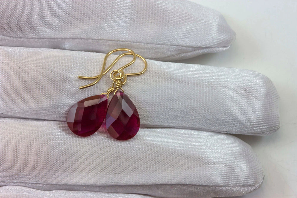Red Ruby Cubic Zirconia Earrings Faceted Teardrop AAA CZ Sterling Silver or 14k Solid Gold or Filled Deep Crimson Pear Simple Dainty Drop - Spyglass Designs