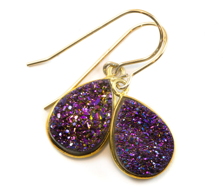 Purple Peacock Druzy Earrings Teardrop Sterling Silver or 14k Solid Gold or Filled French Ear Wires Bezel Simple Drops sparkly drusy quartz