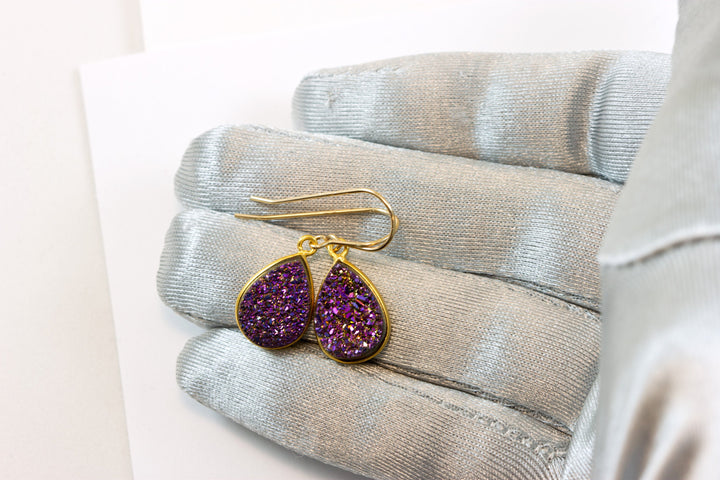 Purple Peacock Druzy Earrings Teardrop Sterling Silver or 14k Solid Gold or Filled French Ear Wires Bezel Simple Drops sparkly drusy quartz
