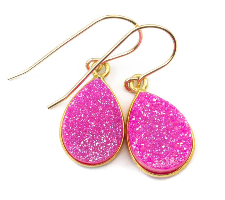 Hot Pink Drusy Earrings Druzy Teardrop Sterling Silver or 14k Solid Gold or Filled Bezel Set Simple Drops Fuchsia Pink Sparkley Drops