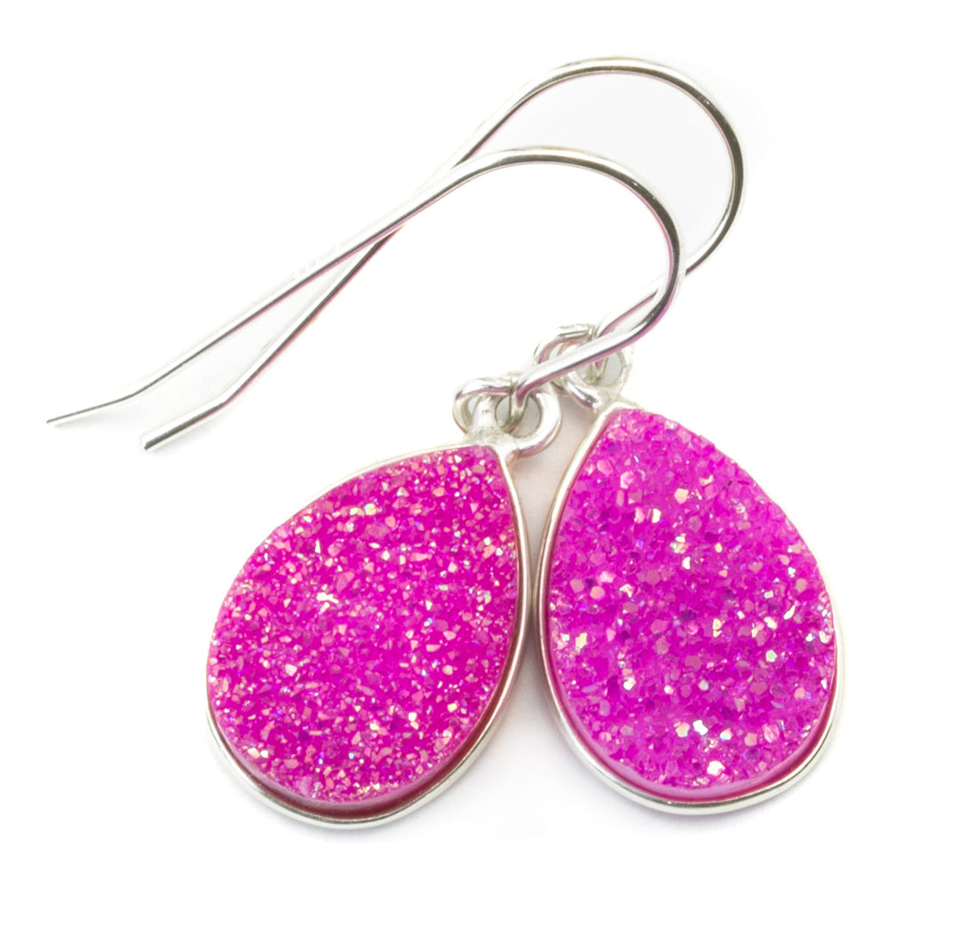 Hot Pink Drusy Earrings Druzy Teardrop Sterling Silver or 14k Solid Gold or Filled Bezel Set Simple Drops Fuchsia Pink Sparkley Drops