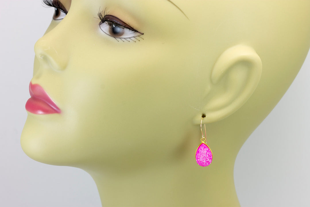 Hot Pink Drusy Earrings Druzy Teardrop Sterling Silver or 14k Solid Gold or Filled Bezel Set Simple Drops Fuchsia Pink Sparkley Drops