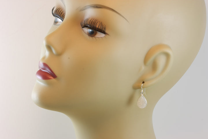 White Drusy Earrings Druzy Teardrop Sterling Silver or 14k yellow solid gold or filled Bezel Simple Drops Fine Druse Quartz Spyglass Designs