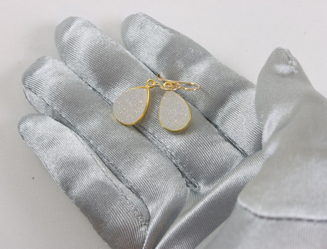 White Drusy Earrings Druzy Teardrop Sterling Silver or 14k yellow solid gold or filled Bezel Simple Drops Fine Druse Quartz Spyglass Designs