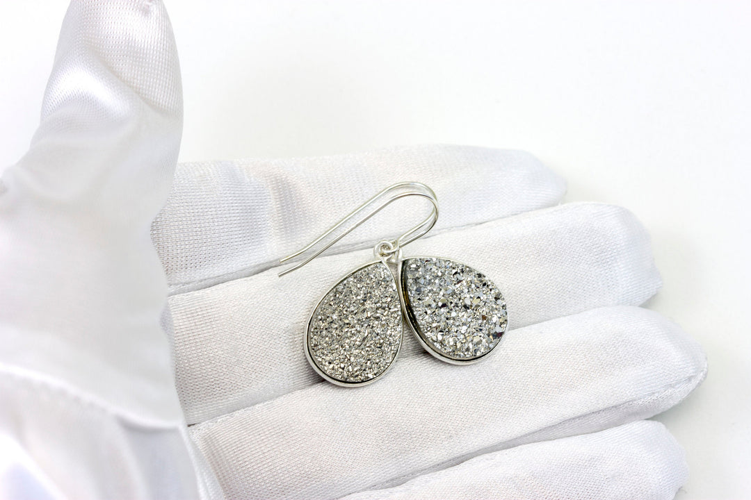Silvery Drusy Earrings Druzy Teardrop Shape Sterling Silver French Ear Wires Bezel Set Simple Drops sparkley shiney large ovals