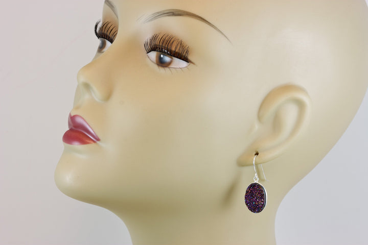 Purple Peacock Drusy Earrings Druzy Teardrop Oval 14k Solid gold or filled or Sterling Silver Bezel Simple Drops Large Druse Spyglass Design