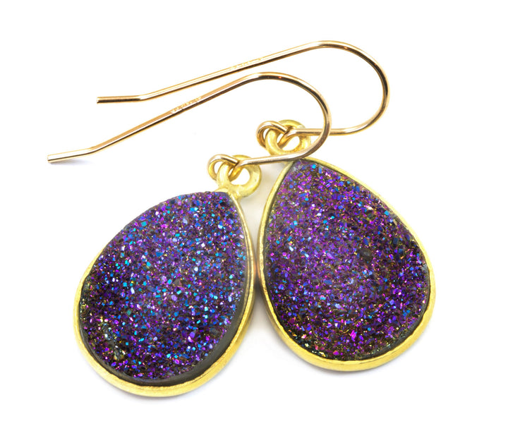 Purple Peacock Drusy Earrings Druzy Teardrop Shape 14k solid gold or filled or sterling silver Large Bezel Simple Drops Fine Drusy Quartz