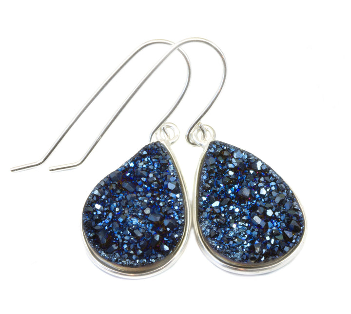 Peacock Blue Drusy Earrings Druzy Teardrops 14k Solid Gold or Filled or Sterling Silver Bezel Set Simple Drops High sparkle large drops