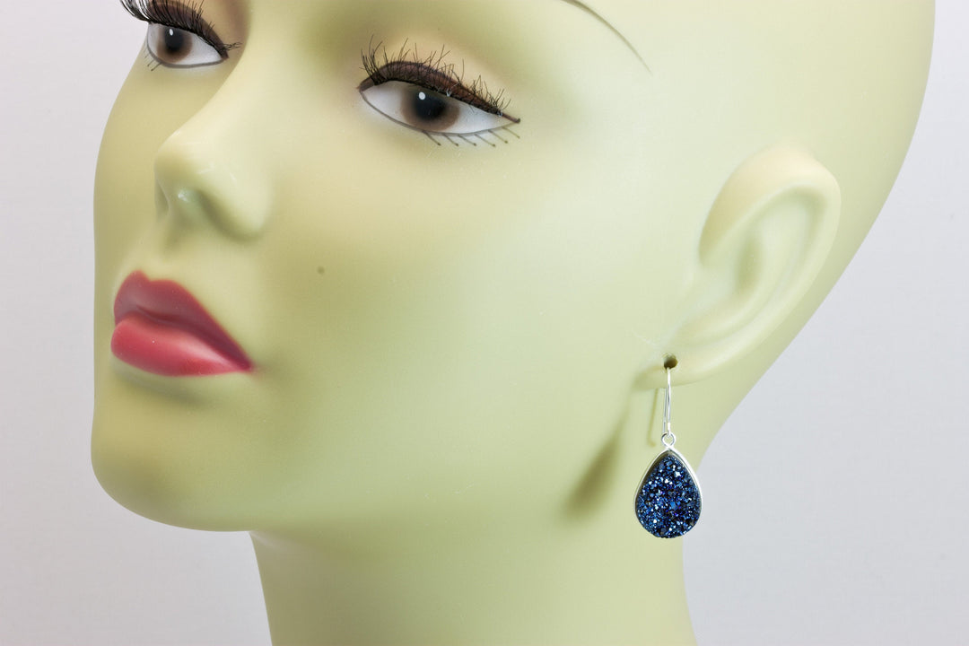Peacock Blue Drusy Earrings Druzy Teardrops 14k Solid Gold or Filled or Sterling Silver Bezel Set Simple Drops High sparkle large drops