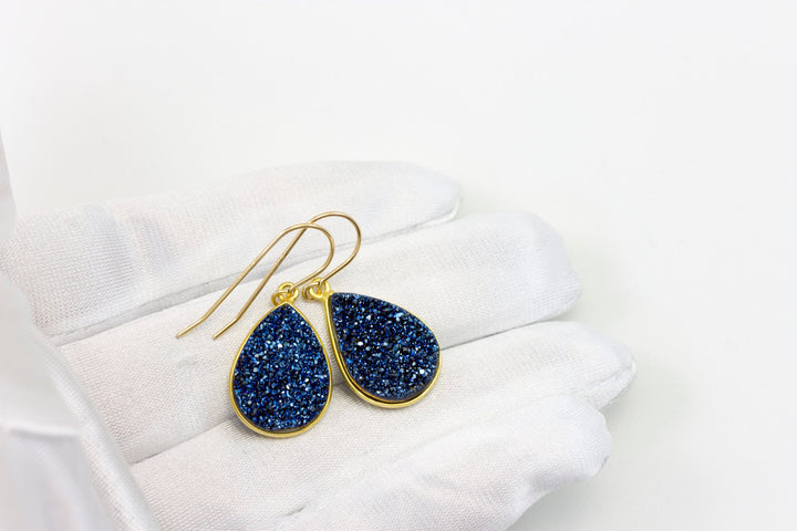 Peacock Blue Drusy Earrings Druzy Teardrops 14k Solid Gold or Filled or Sterling Silver Bezel Set Simple Drops High sparkle large drops